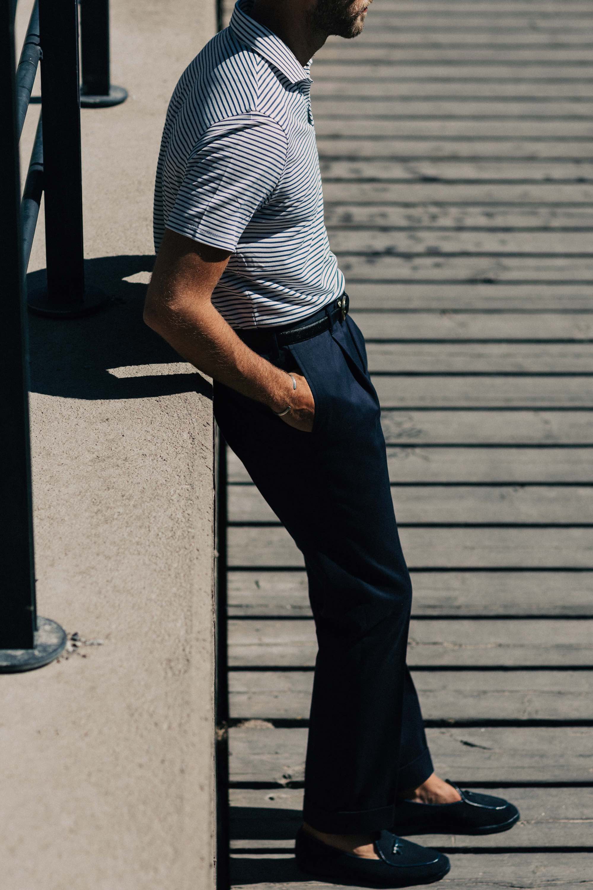 Dark blue pair of regular fit cotton trousers